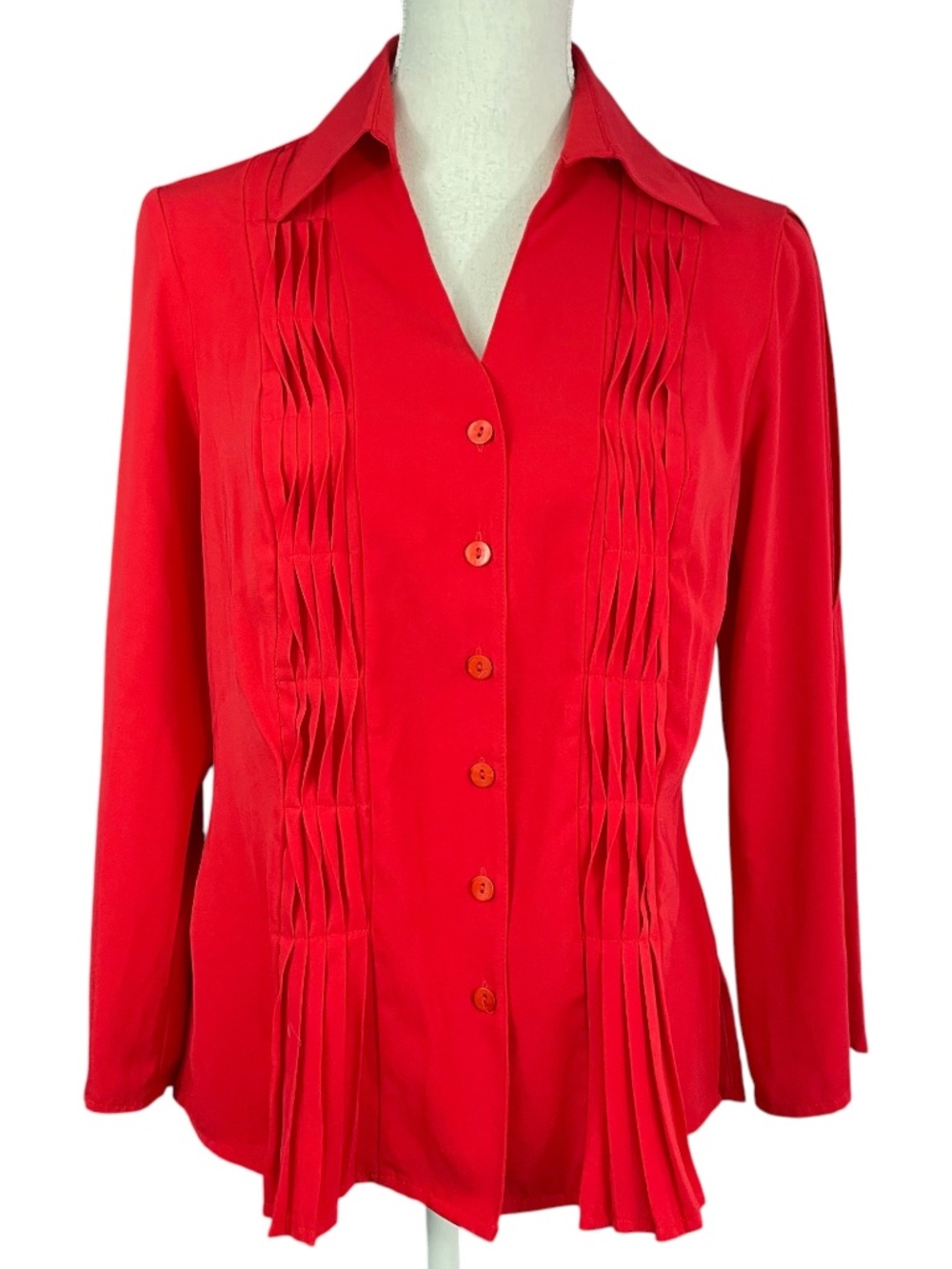 Bell Sleeve Pleated Blouse S Cherry Red Textured Collared Button-up Shirt Top